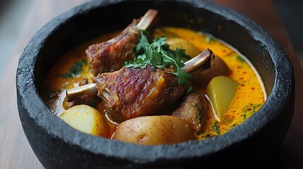 Delicious Lamb Curry with Potatoes in Stone Bowl
