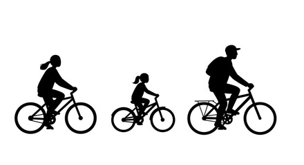 Fototapeta premium Family Cycling Silhouettes Joyfully Riding Bicycles on White Background 