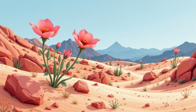 charming desert bloom in an illustrative style, using coral and sand palette, gentle shapes, textured scenery, calm feel, high resolution