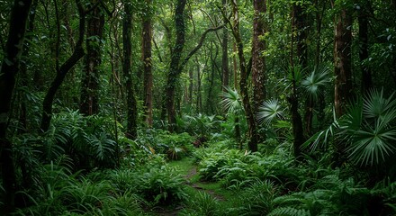 Fototapeta premium A verdant pathway winds through a dense rainforest, with vibrant green foliage and towering trees, creating a serene and untouched natural atmosphere