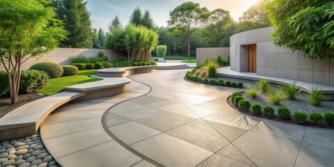 Serene Modern Landscape Design Featuring a Curving Pathway, Integrated Seating, and Lush Greenery Adjacent to a Minimalist Structure