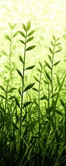 Obraz premium Tall green plants and grass with leafy stems against a soft, abstract yellow-green background.