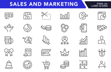Sales and Marketing line icon set. Management, SEO, target, ad, analytics, conversion, pipeline, lead generation, retention, sales funnel line icon set. UI thin line icon pack.