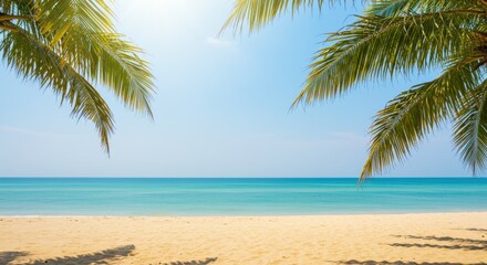 Tropical beach scene with palm trees framing the clear blue sky and calm turquoise ocean view