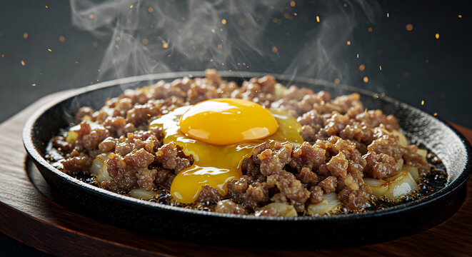Live sizzling sisig on cast iron plate, oil popping under spotlight as egg yolk breaks and mixes with meat in crisp HD realism


