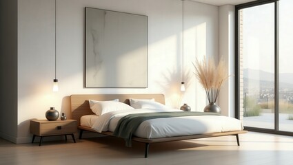 Fototapeta premium A minimalist bedroom with a neutral palette. A large bed in white bedding, green throw, pampas grass, blank frame, and wooden nightstand exudes serenity. Tall windows flood the space with light