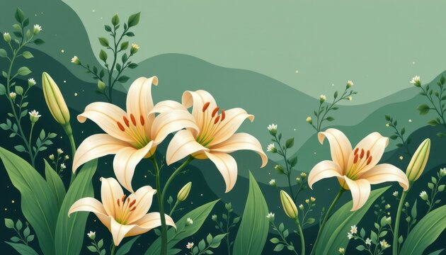 charming lily bloom in an illustrative style, using cream and green palette, gentle shapes, textured scenery, calm feel, high resolution