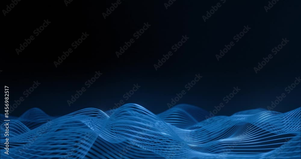 Poster digital blue waves flow across a dark background, representing data flow and network connection in a