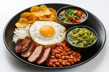 Hearty breakfast platter featuring rice, fried egg, sliced meat, tortilla chips, beans, and a vibrant green sauce