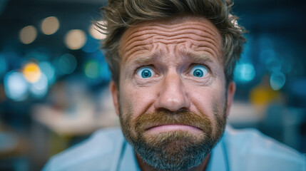 Nervous man awaits dental appointment in dimly lit waiting room with anxious expressions and gripping chair tightly