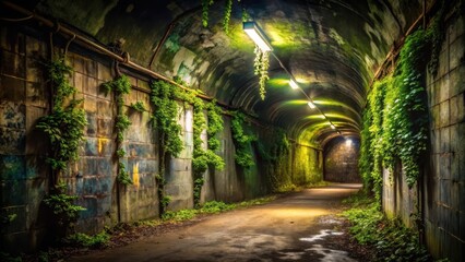 Dark and mysterious underground tunnel with a large graffiti wall, partially covered in vines and moss, lit by a single flickering fluorescent light overhead, industrial environment, moss