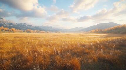Golden meadow stretches towards distant mountains under a soft sunset sky. Lush grasses in warm tones, with hazy mountain ranges beyond