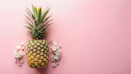 Fototapeta premium Fresh whole pineapple on soft pastel pink background with delicate white flowers and subtle greenery foliage