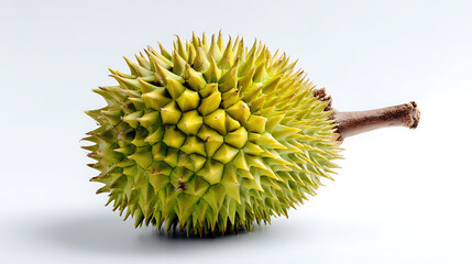 Close-up of a spiky green durian fruit resting on a light background, showcasing its unique texture