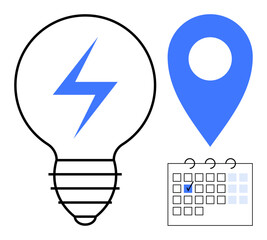 Lightbulb with energy bolt, blue location pin, and calendar with marked date represent innovation, logistics, planning, scheduling, strategy, creativity and efficiency. Ideal for planning concepts