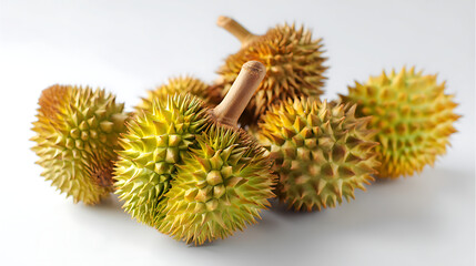Freshly harvested durians arranged artistically on a clean white surface, showcasing their unique texture