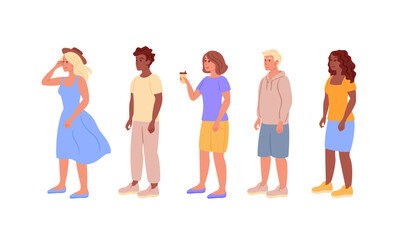 Fototapeta premium Vector illustration of five diverse people standing in a row, each with unique clothing and hairstyles, showcasing a variety of skin tones and styles.