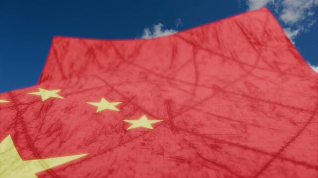 Flag of China flutters in the wind on blue sky background 3D Render. National Flag of the Peoples Republic of China textile. Chinese Communist Revolution