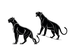 Silhouettes of Panther Family Members in a Group, Black Panther Silhouettes in Different Poses, panther, big cat, cat, jaguar, leopard, cheetah, tiger, graphic design, wild animal, illustration, vecto