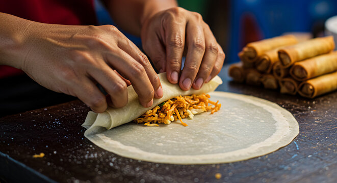 Street-style lumpia being rolled by hand at live demo, fine details of wrapper folds and filling texture lit naturally in ultra clarity
