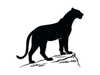 Black Panther Silhouette on a Rocky Outcrop, panther, leopard, silhouette, black, white, wildlife, animal, cat, feline, jungle, nature, graphic, design, Panther Silhouette Standing on a Rock, side vie