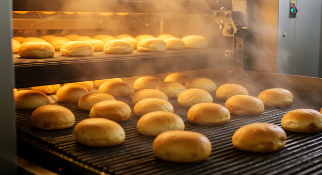 Toasted pandesal conveyor line, golden rolls with crisp shell and steam captured escaping in rhythmic motion

