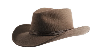 Classic woven cowboy hat with detailed texture, brown coloration, and braided hatband sitting at an angle on a transparent background, PNG image, PNG file.