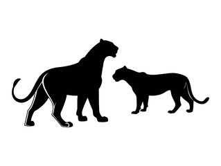 Silhouettes of Panther Family Members in a Group, Black Panther Silhouettes in Different Poses, panther, big cat, cat, jaguar, leopard, cheetah, tiger, graphic design, wild animal, illustration, vecto