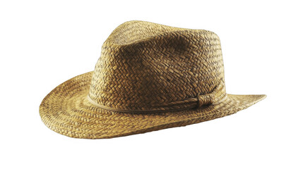 Traditional tan straw hat with a woven texture and simple band sitting alone, a lightweight headwear option for sun protection, on a transparent background, PNG image, PNG file.
