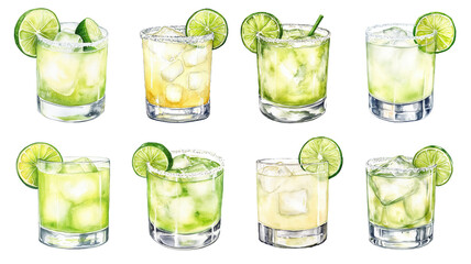 PNG Set of Tommy's Margarita cocktails with lime wedges and ice cubes in short transparent glasses. Watercolor illustration on black background. Assorted tequila and lime drinks 