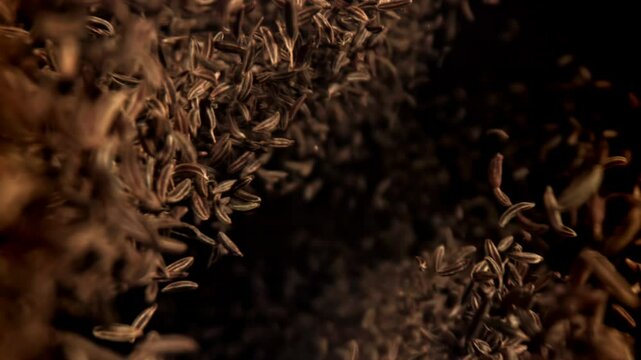 Cumin seeds fall down. Filmed on a high-speed camera at 1000 fps. High quality FullHD footage