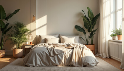 Cozy Minimalistic Bedroom with Green Plants