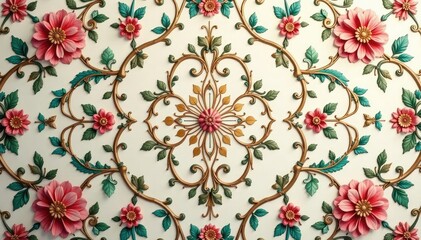 Intricate floral damask wallpaper, faded elegance, art, old