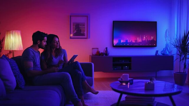 Couple relaxing at home, enjoying a digital device and a TV with ambient lighting - Powered by Adobe
