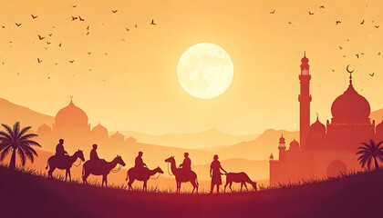 Sunset Silhouette of Pilgrims Riding Camels towards a Mosque in the Desert