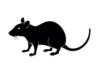Silhouetted illustration of a rat. Bold black and white illustration of a rat, rat, rats, silhouette, black and white, black, white, profile, animal, set of nine black silhouettes of rats in various p