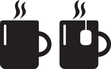 Coffee mugs, minimalist icons, black silhouettes, steaming beverages, tea and coffee symbols, simple graphic design, solid shapes, monochrome illustration, hot drinks,