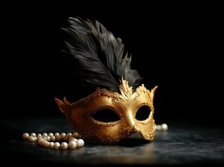 Naklejka premium Golden Venetian Mask with Black Feathers