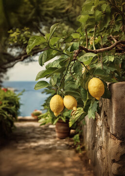 Fresh Lemon Fruits on a Tree Branch in Garden Courtyard Overlooking Scenic Coastal Landscape Mediterranean sea