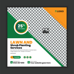 Professional lawn care and landscaping services social media post template, garden maintenance web banner design, outdoor services, and green landscaping business promotion. Perfect for digital market