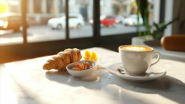Morning coffee and croissant with jam.  Sunlight streams in through large windows