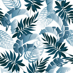 Seamless pattern with blue tropical leaves plants. Botanical elegant decorative vector in watercolor style