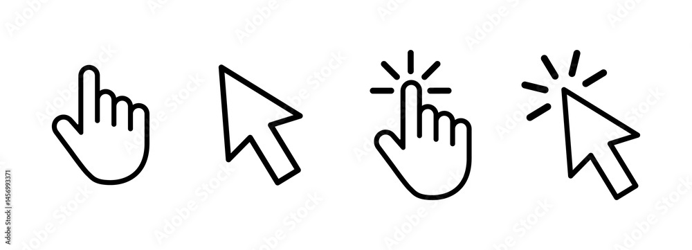 Wall mural hand and cursor click icons in black outline style on a light background, representing interaction, 