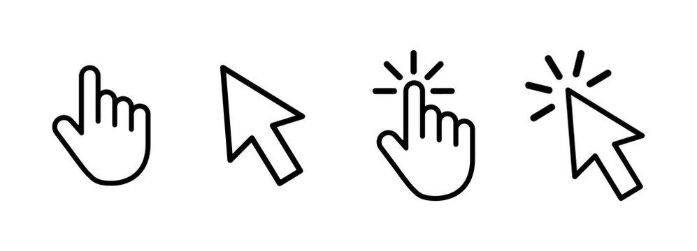 Hand and cursor click icons in black outline style on a light background, representing interaction, click, and selection concepts. Minimalistic UI symbols for web and app design. Cursor, click, icons.