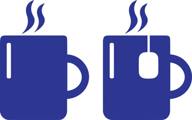 coffee mugs, tea cups, hot beverages, steam rising, simple shapes, minimalist design, flat graphic style, dual image