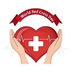 World Red Cross Day Banner with Heart and Hands Illustration for Medical Support, Humanitarian Aid, and Global Health Awareness