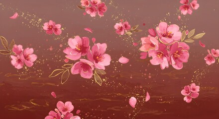 Fototapeta premium Pink floral watercolor design on a maroon background.