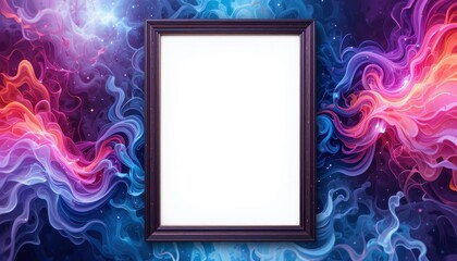 Empty picture frame against a vibrant abstract background.