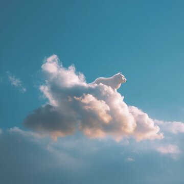 Cat Sitting on a Fluffy Cloud in a Blue Sky