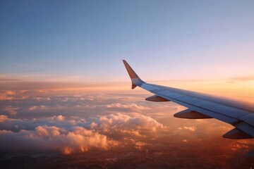 Fototapeta premium Aerial View of Airplane Wing at Sunset over Clouds